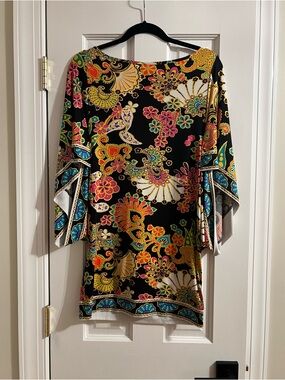 Trina Turk Black Floral Print Coverup with Yellow and Pink Accents